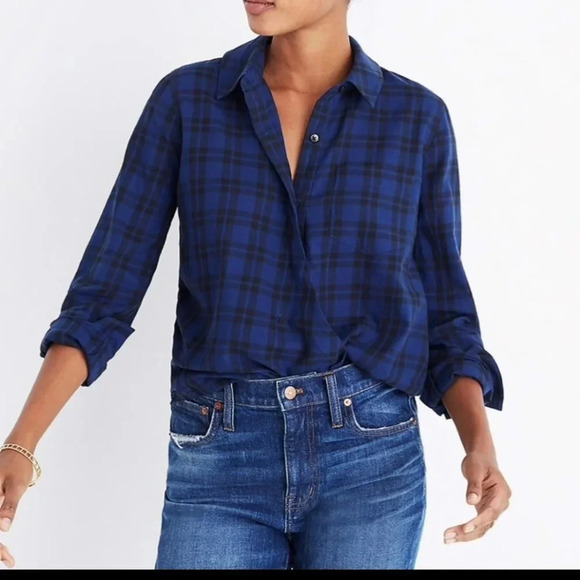 Madewell Blue Plaid Wrap Front Shirt XXS - Picture 1 of 6